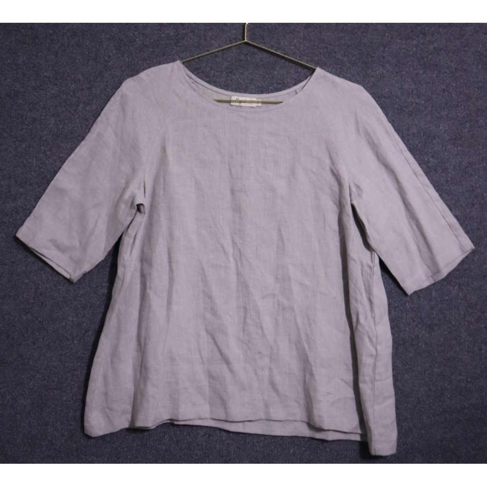 Magic Linen Shirt Women Large Gray 3/4 Sleeve Round Neck Relaxed Fit NWOT‎ BOHO
